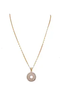 Elegant Round Crystal Pendant Necklace, Gold-Plated Chain, Cubic Zirconia Sunburst Design