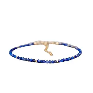 RRJEWELZ Natural Lapis Lazuli 3mm Round Shape Faceted Cut Gemstone Beads 7 Inch Adjustable Gold Plated Clasp Bracelet For Men, Women. Natural Gemstone Link Bracelet. | Lcbr_04231