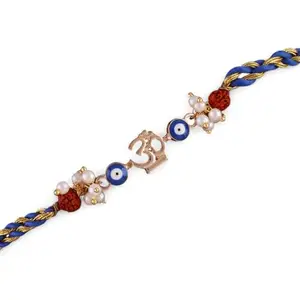 SHONA’S STYLE OM Charm Evil Eye Rakhi with Crystal Rhinestones, Blue and Gold Beads, Thread Rakhi