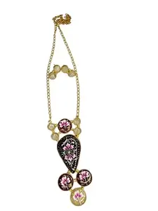 Traditional Handmade Pendant Necklace with Pink Floral Design, Gold-Toned Chain