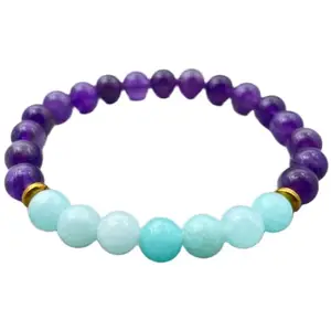 RRJEWELZ Natural Amethyst & Amazonite Jade 8mm Round Shape Smooth Cut Beads 7 Inch Stretchable Bracelet For Men & Women. Unisex Bracelet For Healing, Meditation, Prosperity, Gift & Luck|STBR_RR_10548_7.0