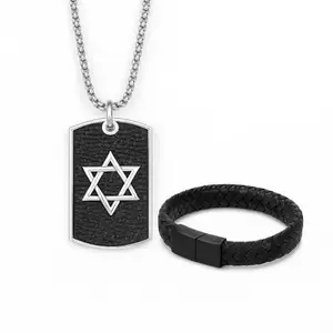 Fashion Frill Trendy Black Pendant Silver Plated Necklace & Leather Wrist Band Bracelet Combo for Men Boys Jewellery Gift