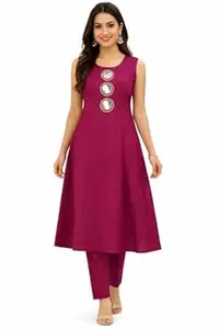 Greatech Fashions Women Sleeveless Kurta Pant Set with Mirror Work | Linen Blend A-Line Kurti with Pocket | Ethnic Co-Ord Set for Casual, Office Wear