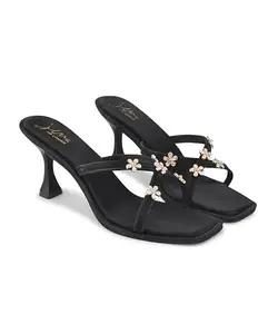 JM LOOKS Women's Square Open Toe Summer Heels Mules Embellished Cross Strap Slip-on 2.5 Inch kitten Heeled Sandals Wedding Party Heel - Black