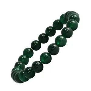 J I Natural Green Agate Gemstone Beaded Bracelet, 8mm Round Beads, Dark Emerald Colour