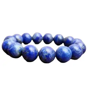 RRJEWELZ Natural Lapis Lazuli Round Shape Smooth Cut 12mm Beads 7.5 inch Stretchable Bracelet for Healing, Meditation, Prosperity, Good Luck | STBR_04744