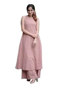Chdshoppee Women's Cotton Plain Flared Sleeveless Kurta with Palazzo