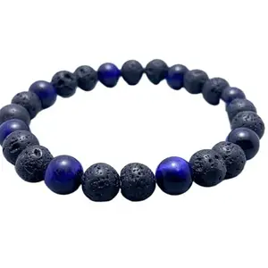 RRJEWELZ Natural Black Lava & Blue Tigers Eye 8mm Round Shape Smooth Cut Beads 8 Inch Stretchable Bracelet For Men & Women. Unisex Bracelet For Healing, Meditation, Prosperity & Luck|STBR_RR_10675_8.0