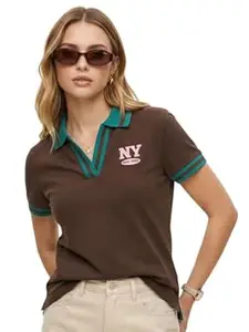JUNEBERRY® Women’s Regular Fit Lycra Polo T-Shirt with Contrast Striped Collar and Half Sleeves, Soft Fabric for All-Day Comfort and Easy Wear (Sizes S to 2XL)