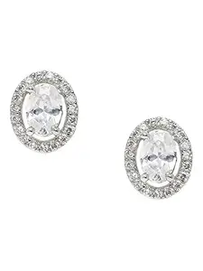 OOMPH Jewellery Silver Tone Oval Cubic Zirconia Delicate Ear Stud Earrings for Women & Girls