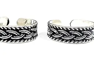 SWARN SILVER 925 Sterling Silver Oxidised Black Band Style Toe Rings, Adjustable Toe Rings for Women and Girls | With Certificate of Authenticity (Toe Ring)