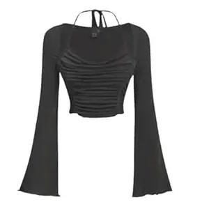 for Women Polyester Long Sleeve Hatler Neck Crop Top – Slim Fit Stretchy Casual Wear