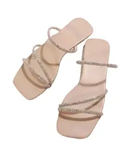 Women's Glitter Strappy Flat Sandals, Square Toe Slip-On Slides, Available (Pink, UK Footwear Size System, Adult, Women, Numeric, Medium, 5)