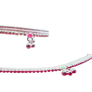 Silver-Plated German Silver Anklets with green Pink rose flower, Contemporary Style, Non-Adjustable, Set of 2-9.5 Inch