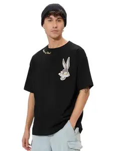 The Souled Store Bugs Bunny: What's Up Doc Men and Boys Short Sleeves Round Neck Black Graphic Printed Cotton Oversized T-Shirts