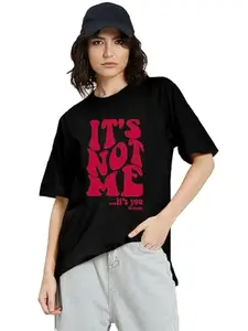 LEOTUDE Half Sleeve Cottonblend Printed Womens Oversized T-Shirts (TD-GRL_FS49_BLK_ME_P_Black1_M)