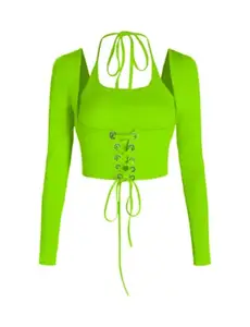 Uptownie Lite - Women's Ribbed Cotton Round Neck Regular Fit Top (Green, Medium)