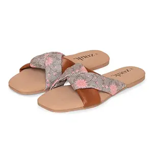ZOUK 100% Vegan Leather Handcrafted Women's Grey Floral Kadapa Garden Cross Sliders (37)