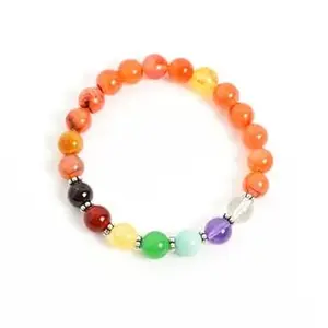 LKBEADS Natural 7 Chakra Stone & Carnelian 8mm Round Shape Smooth Cut Beads 65 inch Stretchable Bracelet for Men & Women|STBR_RR_00060_65