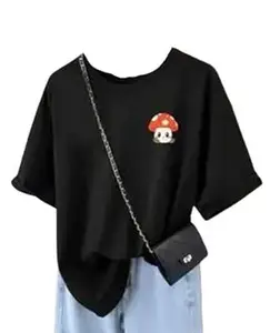 YOUNSHE Women’s Black Oversized Cotton T-Shirt – Mushroom Graphic Print | Short Sleeves | Relaxed Fit
