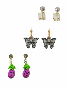 9blings Set Of 3 Multicolour Butterfly & Fruite Design Earrings |Black Purpal Combo Earrings Set For Women and Girls
