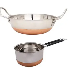 RJ kitchenware Store Copper Bottom kadhai and Stainless Steel Copper Bottom 2 Liter saucepan with handle kadai with Copper Bottom with Handle 2 Liter (2 Liter Combo Pack of Kadai and Copper Sauce Pan, Silver) price in India.