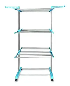 RUSHIL WERE 3 Layer Stainless Steel Foldable Cloth Dryer Stand with Tier | Cloth Stand for Drying | Steel Dress Hanging Dryer Rack for Balcony | Movable | Blue