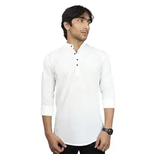 ORIGENS Luke S Black Men's Slim fit Short Kurta | Solid Linen Kurta | Mandarin Collar | Full Sleeve | Cotton Blend