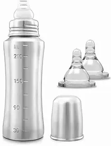 KINDAR CARE Stainless Steel Infant Baby Feeding Bottle Milk Bottle for New Born Baby, Medium-Flow Nipple (250 Up to The Brim, 1 Extra Nipple Free)