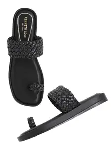 Kenneth Cole Women's Flat Slide Sandal | Ladies Open-Toes Slip-On | Premium Synthetic Upper | Intricate Woven Strap, Modern Toe Ring Design| Effortless Style, Cushioned Comfort & Everyday Versatility | Black, EU38