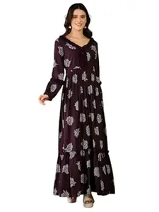 Naixa Women's Rayon Foil Printed Flared Dress - Elegant 3/4th Sleeve V-Neck Festive Style with Gold Foil Work for Women (NX-WD38)