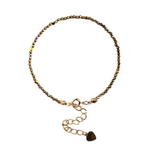 RRJEWELZ Pyrite Round Beaded Bracelet – Faceted 2mm Black Stones with Gold Lock – 7 Inch Adjustable link Bracelet for Men & Women|LCBR_RR_05607