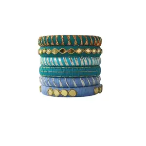 Handmade Cotton Thread Bangles Set, Turquoise and Blue, Gold Embellished, Traditional Style, 6 Pieces (2.10)