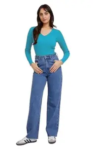 Casual Wear Women's Regular-Fit Full-Sleeve V-Neck Top (X-Small, Sky Blue)