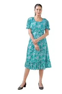 anvida Women’s Floral Printed Knee-Length Dress | Soft Fabric | Puff Sleeve Round Neck Casual Dress for Girls & Women