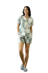 SAY Night Dress for Women Cotton Shirt and Shorts Night Suit Set Lounge Wear Night Dress for Womens Green