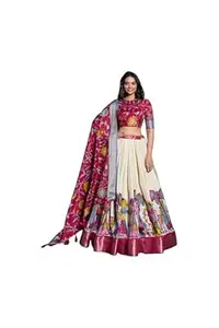 SRVESU Women's Trending Designeer Tussar Silk Lehenga Choli Print with Foil Work With Unstitched Blouse Patola Print Adorned with Foil Work For Navrati || Wedding || Festival (DHINGLI WHITE)