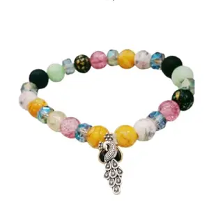 Multicolored Glass Bead Bracelet with Silver Peacock Charm, Elastic Stretch Design