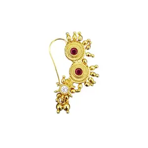 Traditional Maharashtrian Gold-Plated Copper Nath, American Diamond and Ruby Stones- Pearcing Required