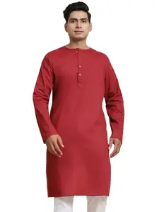 Amazon Brand - Anarva Men's Cotton Casual Straight Long Kurta (Small, Red)