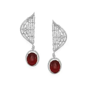Rubans Rhodium-Plated Cubic Zirconia & Ruby Red Stone Studded Wing Design Statement Earrings for Women & Girls