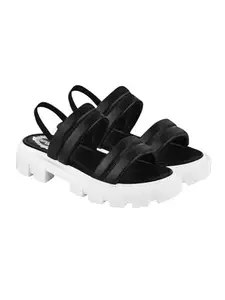 Shoetopia Casual Upper Double Strap Black Platform Heeled Sandals For Women & Girls /UK7