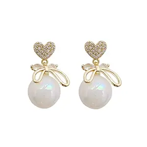 Vembley Korean Studded Bow Heart Big Pearl Drop Earrings For Women/Girls