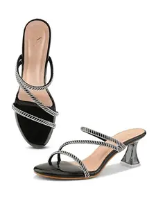 XE Looks Black Heels for Women | Glossy Finish | Criss-Cross Silver Embellished Straps | Comfortable Block Heel Sandals for Girls