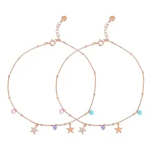 ZAVYA 925 Sterling Silver Multicolour Star & Drop Rose Gold Plated Anklet (Pair) | Gift for Women & Girls | With Certificate of Authenticity & 925 Hallmark