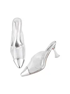 TRYME Transparent Spool Heel Mules Comfortable Heel Stiletto Heel Pump Shoes for Women & Girls Silver