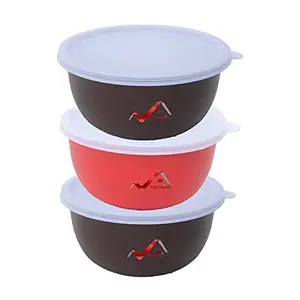 HOMEISH Microwave Safe, Stainless Steel Bowl, Serving Bowl with lid, Microwave Utensils with Lids for Re-Heating, Serving (Brown x 2 Pcs, Red x 1 Pc, 14cms x 7cms, Approx.500ml Each) - Pack of 3
