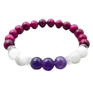 RRJEWELZ Natural Amethyst, Selenite & Tigers Eye 8mm Round Shape Smooth Cut Beads 7 Inch Stretchable Bracelet For Men & Women. Unisex Bracelet For Healing, Meditation & Luck|STBR_RR_10628_7.0
