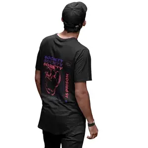 Streetfluencer Men's Regular Fit T-Shirt – Printed Round Neck, Bio-Washed, Pure Cotton, Half Sleeves Black