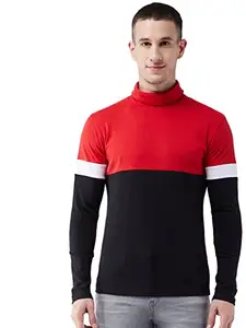 GRITSTONES Men's Colorblock Solid Full Sleeve high-Neck T Shirt (Red Black_Large)